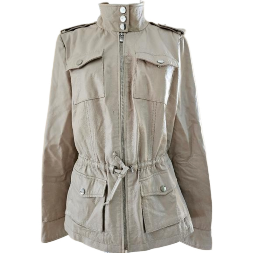 Bebe Genuine Leather Cargo Bomber Cinched Tie Waist Jacket-Size Large